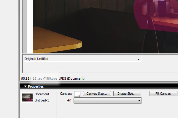 A Fireworks screen capture showing the filesize to be saved with the current settings. It says "95.18k 15 sec @56kbps"